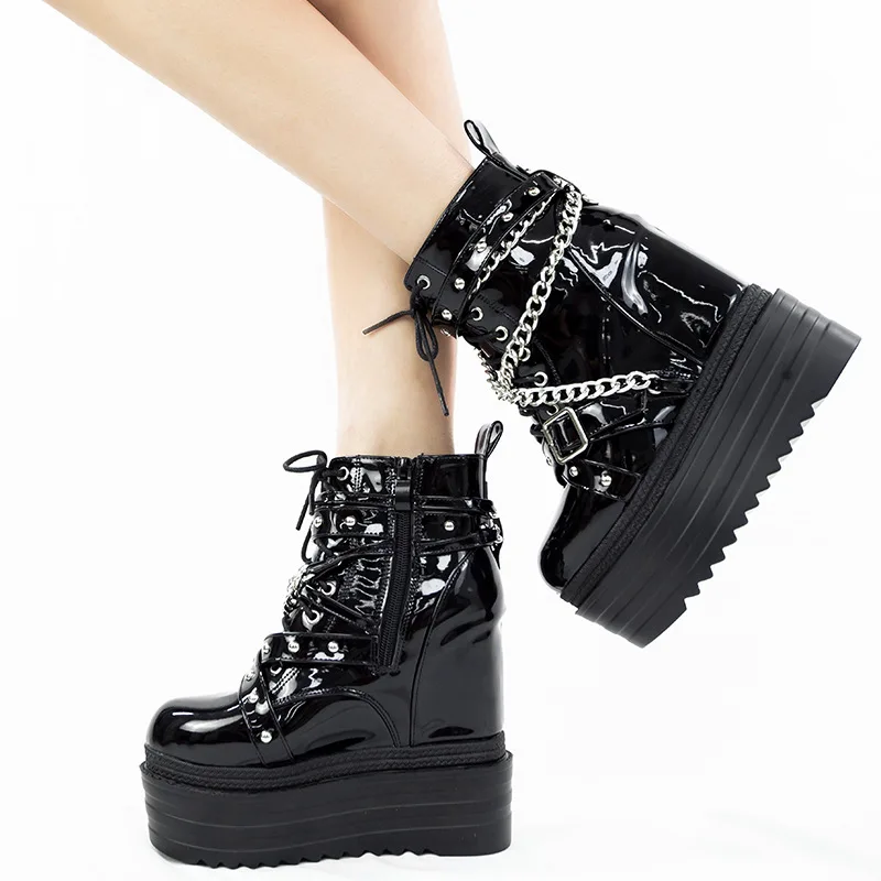 Womens Platform Ankle Boots Wedge Super 14CM High Heel Metal Chain Belt Buckle Shoes Punk Patent Leather Motorcycle New 2022
Womens Platform Ankle Boots Wedge Super 14CM High Heel Metal Chain Belt Buckle Shoes Punk Patent Leather Motorcycle New 2022