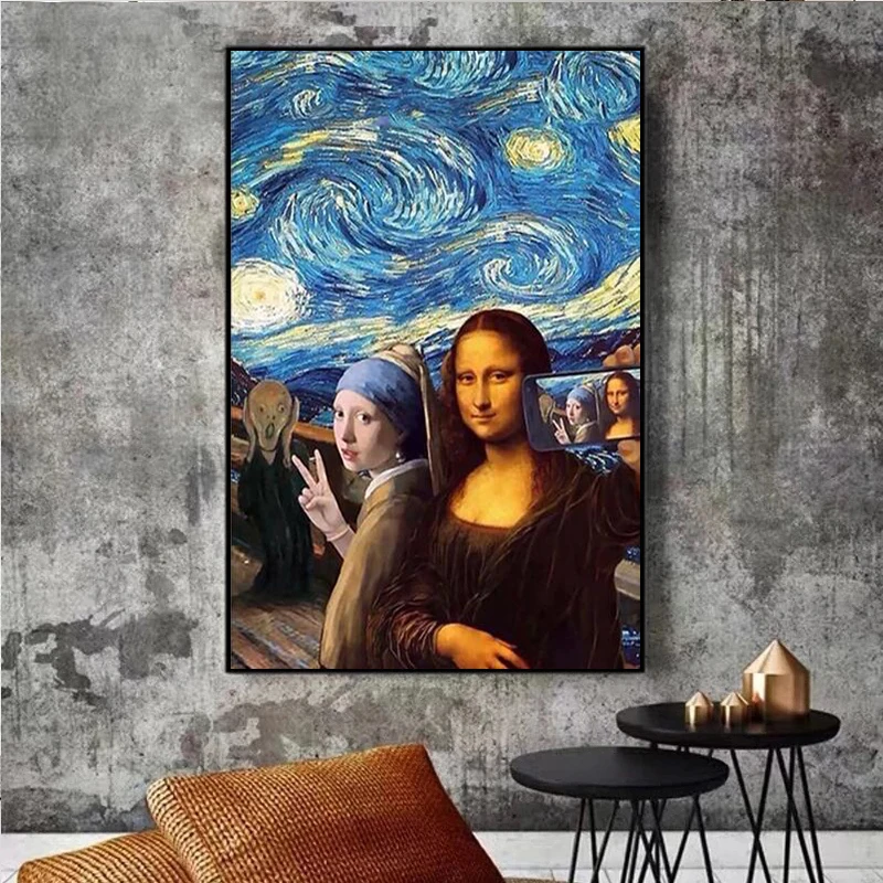 The girl with pearl earrings and the Mona Lisa under the starry night posters and prints on the wall painting art pictures
The girl with pearl earrings and the Mona Lisa under the starry night posters and prints on the wall painting art pictures