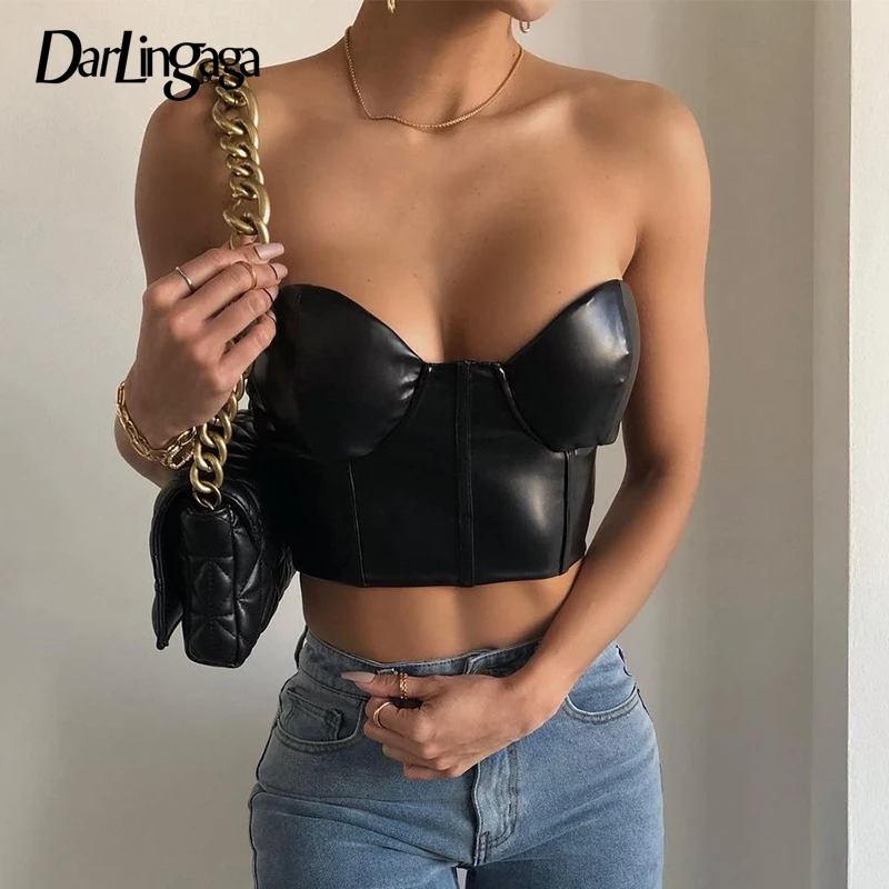 Darlingaga Streetwear Fashion Strapless Sexy Corset Top Ladies Club Party Black PU Leather Tube Crop Tops Summer Camisole Short
Darlingaga Streetwear Fashion Strapless Sexy Corset Top Ladies Club Party Black PU Leather Tube Crop Tops Summer Camisole Short