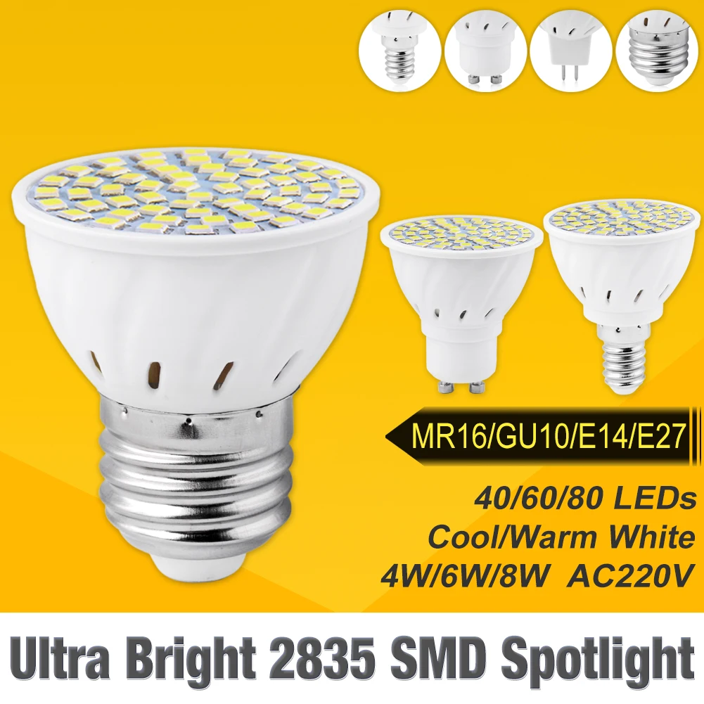 

Led Lamp 2835 SMD E27 E14 GU10 MR16 220V 240V 230V Led Spotlight Bulb 40 60 80 Leds Leds Lampada Bombillas Spot Light Bulbs