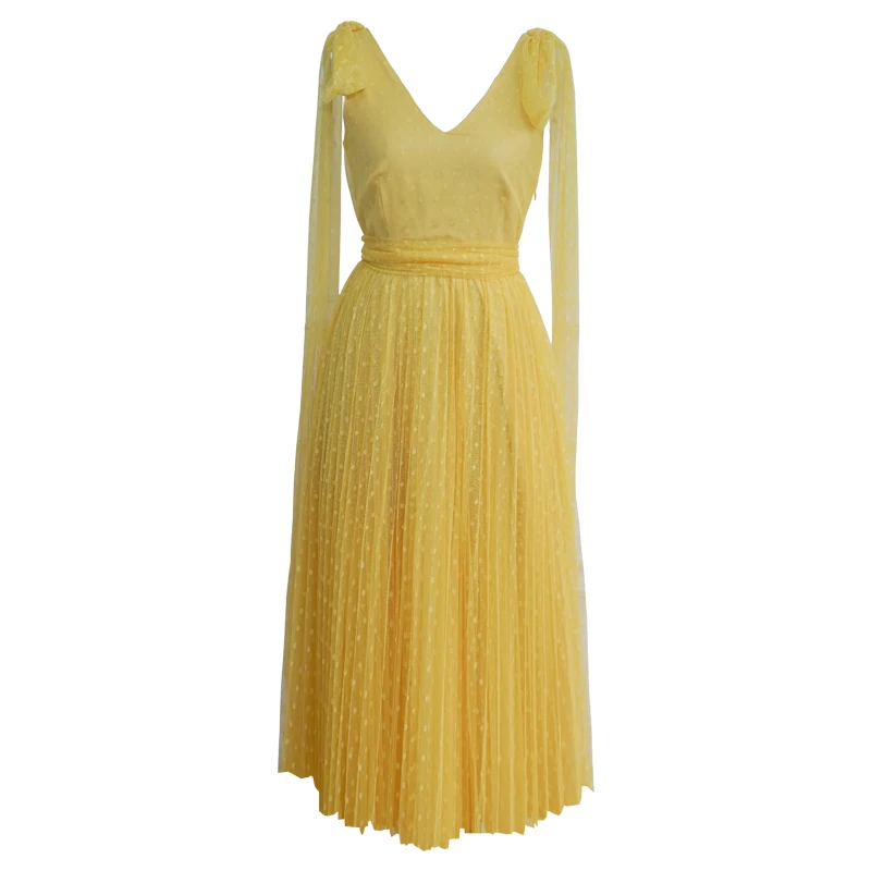 Runway Designer Dress 2020 Summer High Quality Elegant Bow V-neck Mesh Pleated Midi Dress Woman
Runway Designer Dress 2020 Summer High Quality Elegant Bow V-neck Mesh Pleated Midi Dress Woman