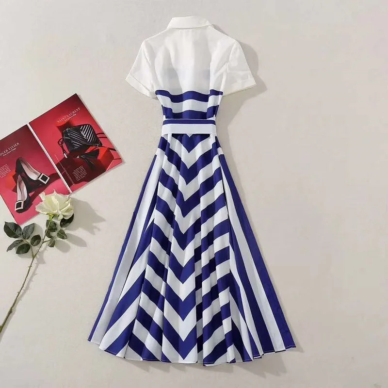 2020 Summer Fashion Striped Dress High Quality Women Turn-down Collar Blue White Color Block Short Sleeve Mid-Calf Cotton Dress
2020 Summer Fashion Striped Dress High Quality Women Turn-down Collar Blue White Color Block Short Sleeve Mid-Calf Cotton Dress