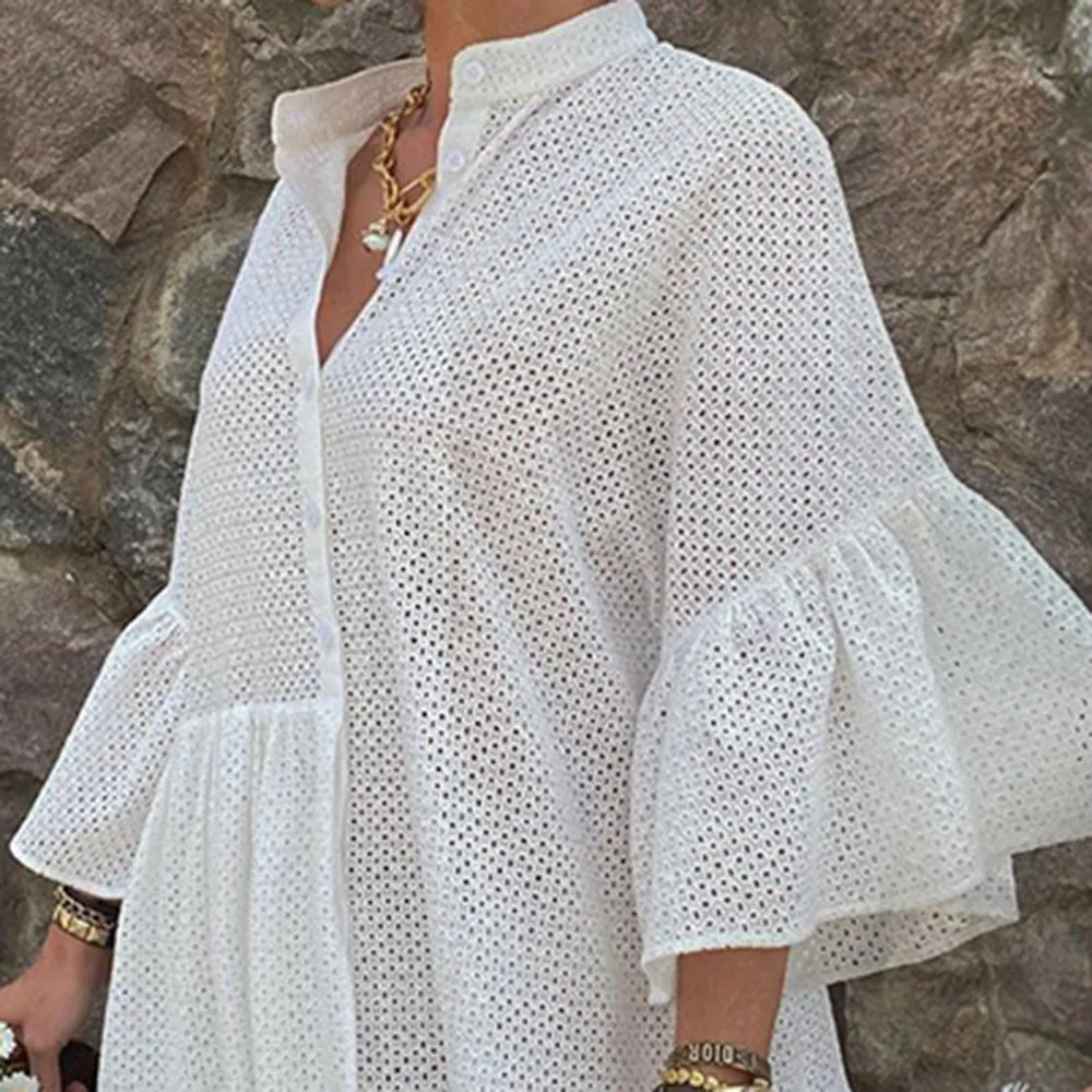 Asymmetry Hollow Out Loose Dress Women Elegant Party Midi Dresses Stand Collar Button Simple Sundress Female Vestidos 2020
Asymmetry Hollow Out Loose Dress Women Elegant Party Midi Dresses Stand Collar Button Simple Sundress Female Vestidos 2020