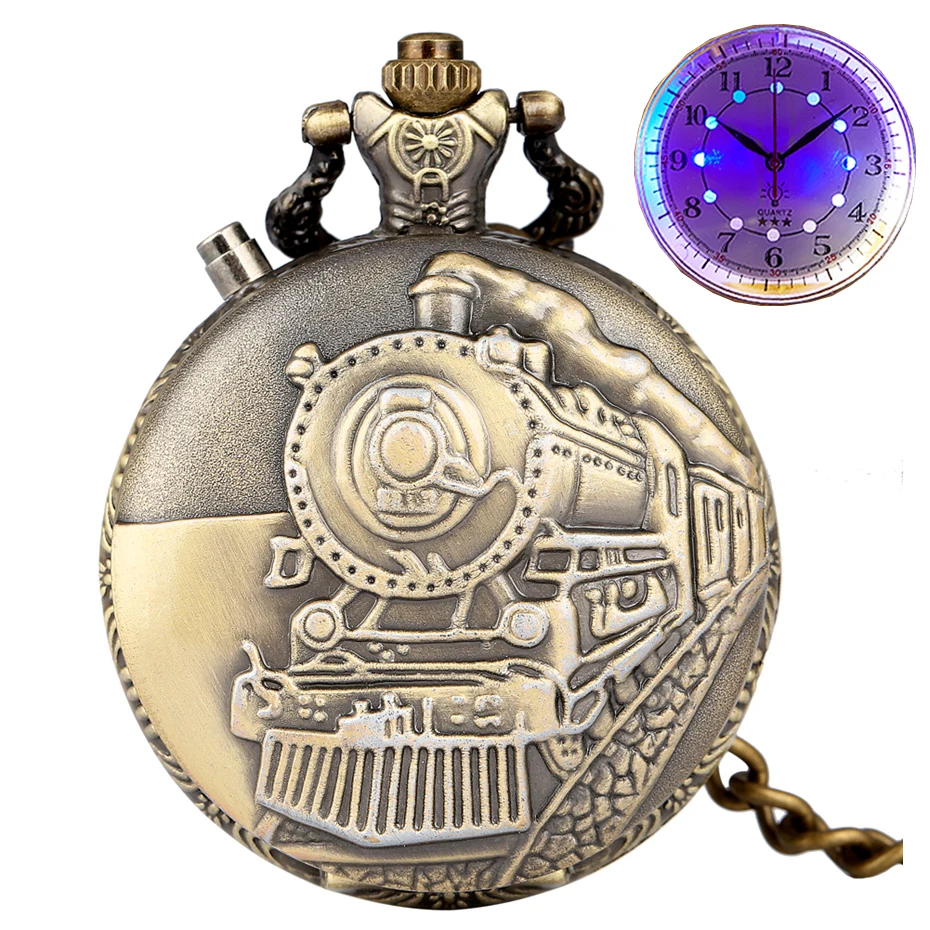 

Luminous Vintage LED Dial Quartz Pocket Watch Bronze Carved Steam Train Steampunk Motor Railway Retro Chain Pendant Clock Hours