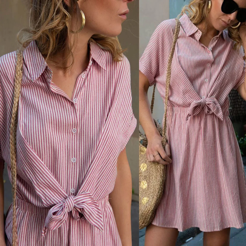 Women Striped Strap Dress Lapels Short Sleeve Casual Loose Dress Summer Beach BMF88
Women Striped Strap Dress Lapels Short Sleeve Casual Loose Dress Summer Beach BMF88
