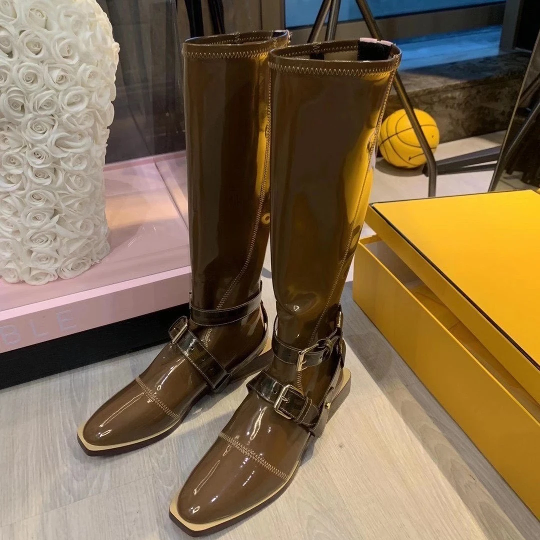 Women's Patent Leather Knee High Boots Round Toe Buckle Flat Shoes Knight Zipper Back Black Brown B1
Women's Patent Leather Knee High Boots Round Toe Buckle Flat Shoes Knight Zipper Back Black Brown B1