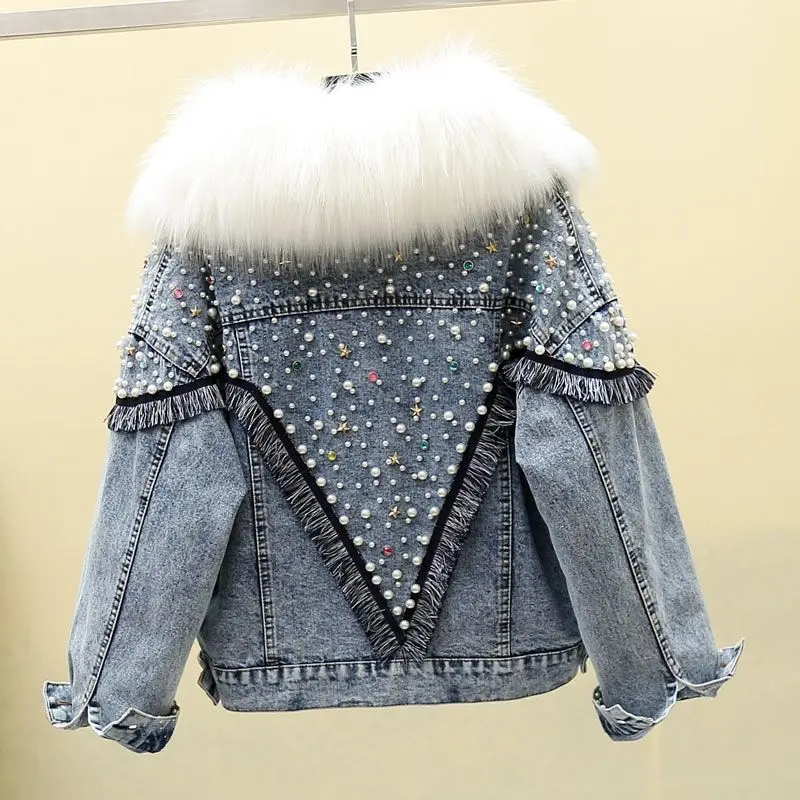Fleece Tassel Denim Women Coats Winter New Thicken Warm Fur Collar Beading Loose Female Outwear Jackets Tops
Fleece Tassel Denim Women Coats Winter New Thicken Warm Fur Collar Beading Loose Female Outwear Jackets Tops