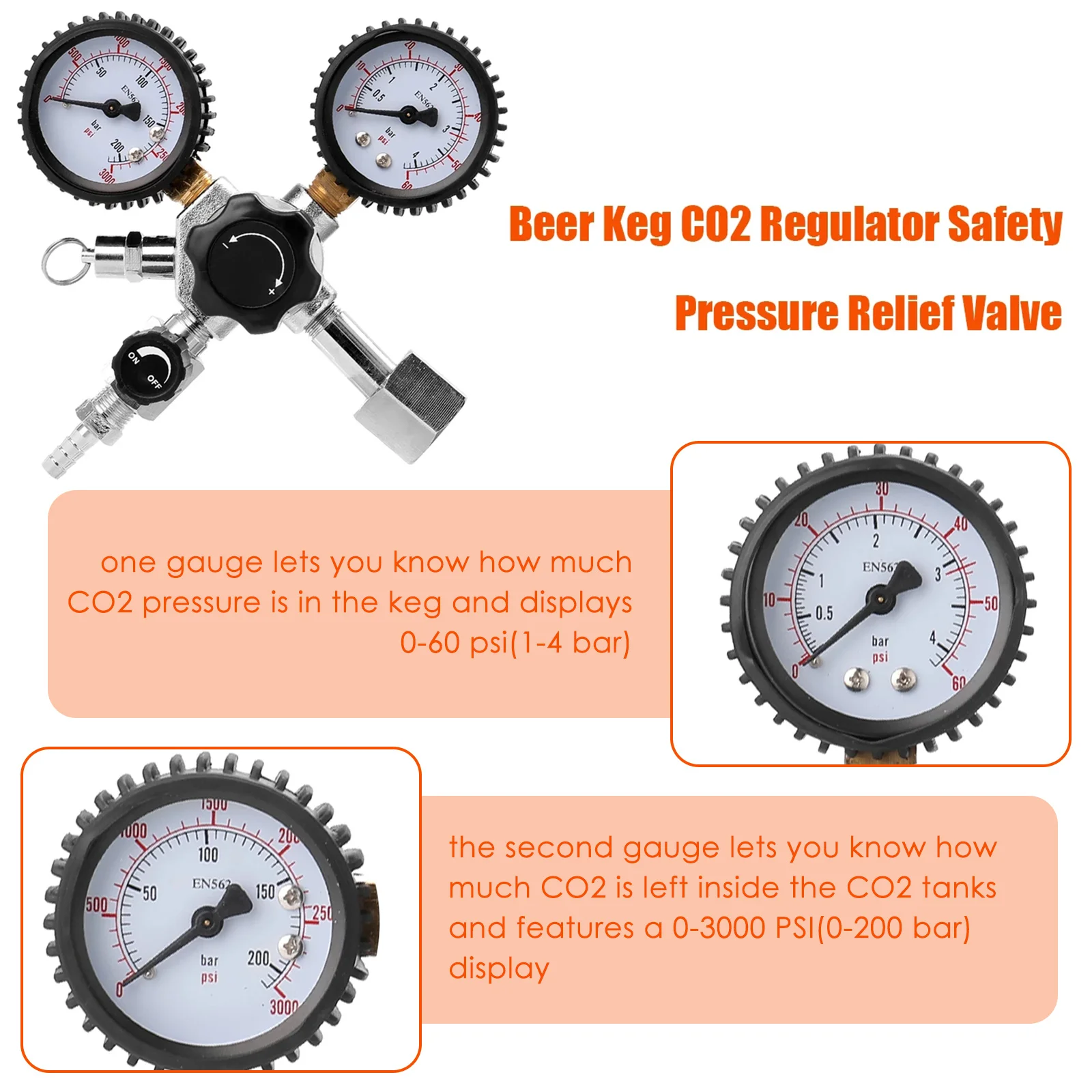 CO2 Regulator for Beer, Beer CO2 Keg Regulator, 0-3000 PSI Tanks Pressure with Safety Pressure Relief Valve
CO2 Regulator for Beer, Beer CO2 Keg Regulator, 0-3000 PSI Tanks Pressure with Safety Pressure Relief Valve