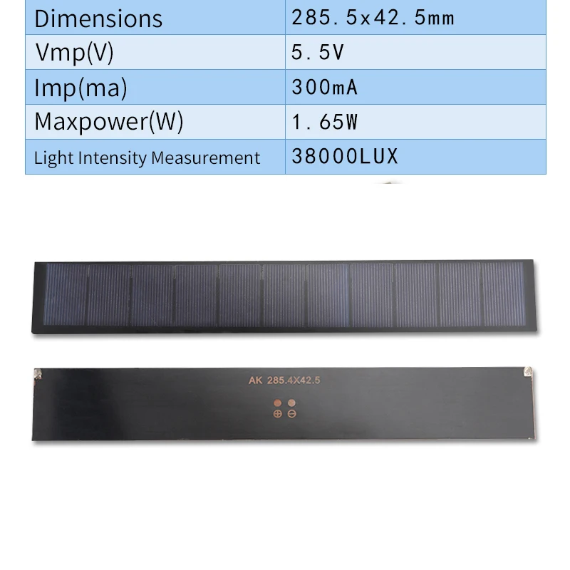 10pcs 285.5*42.mm 5.5V 300ma 1.65W Electric Portable Solar Pannels Set Plate Charger Kit Complete Battery Generator Power Bank
10pcs 285.5*42.mm 5.5V 300ma 1.65W Electric Portable Solar Pannels Set Plate Charger Kit Complete Battery Generator Power Bank