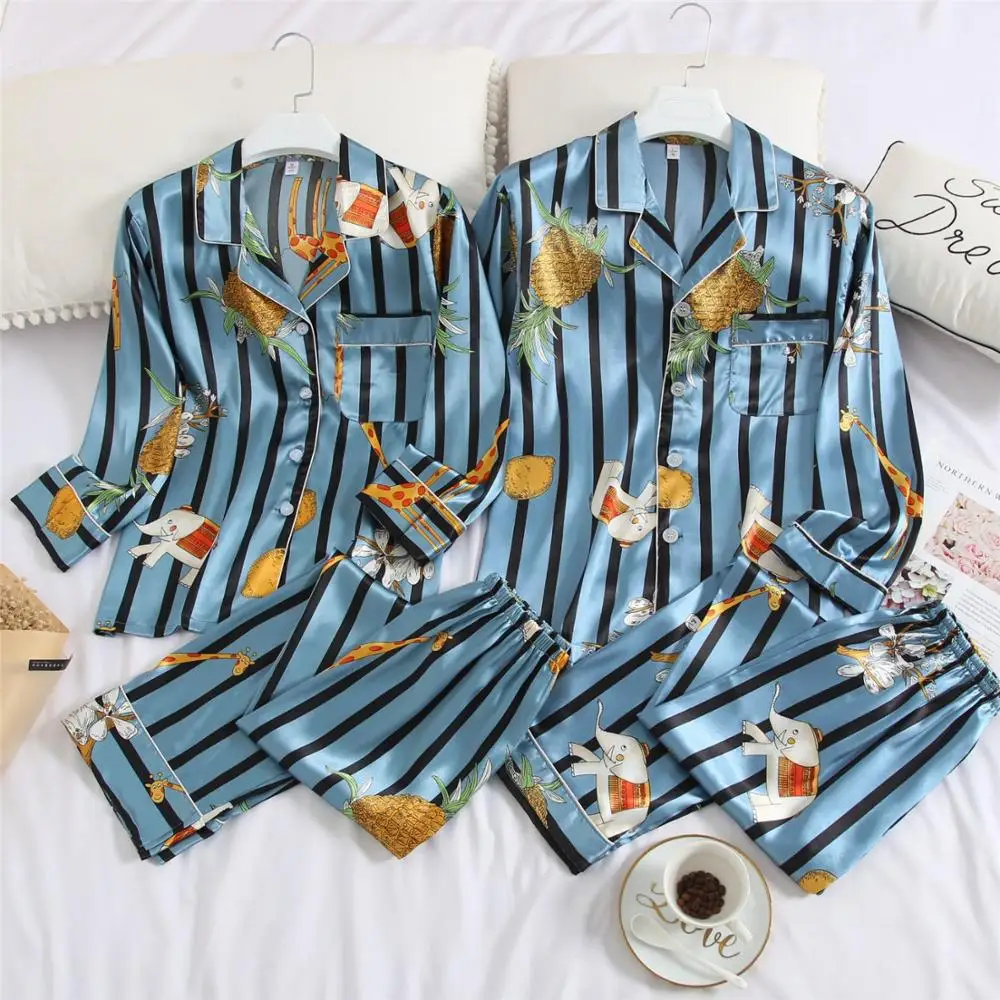 FZSLCYIYI Couple Spring Pajama Set Long Sleeve Plus Size 3XL Pajamas Sets Silk Satin Pijama Sleepwear Pyjamas Nightwear homewear | Мужская