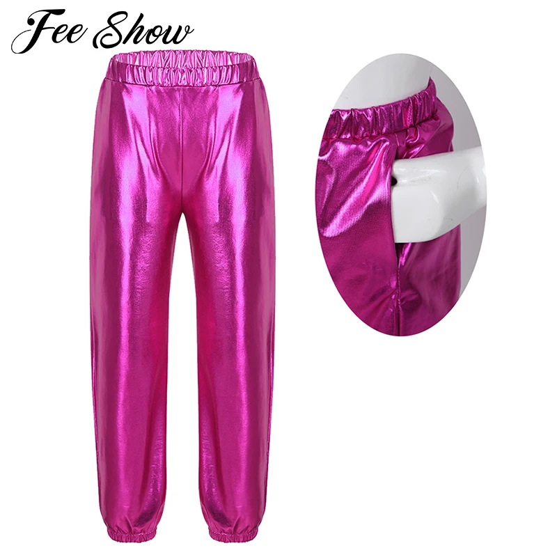 

Kids Girls Shiny Metallic High Waist Stretchy Jogger Pants Children Hip Hop Club Wear Holographic Trousers Sweatpant