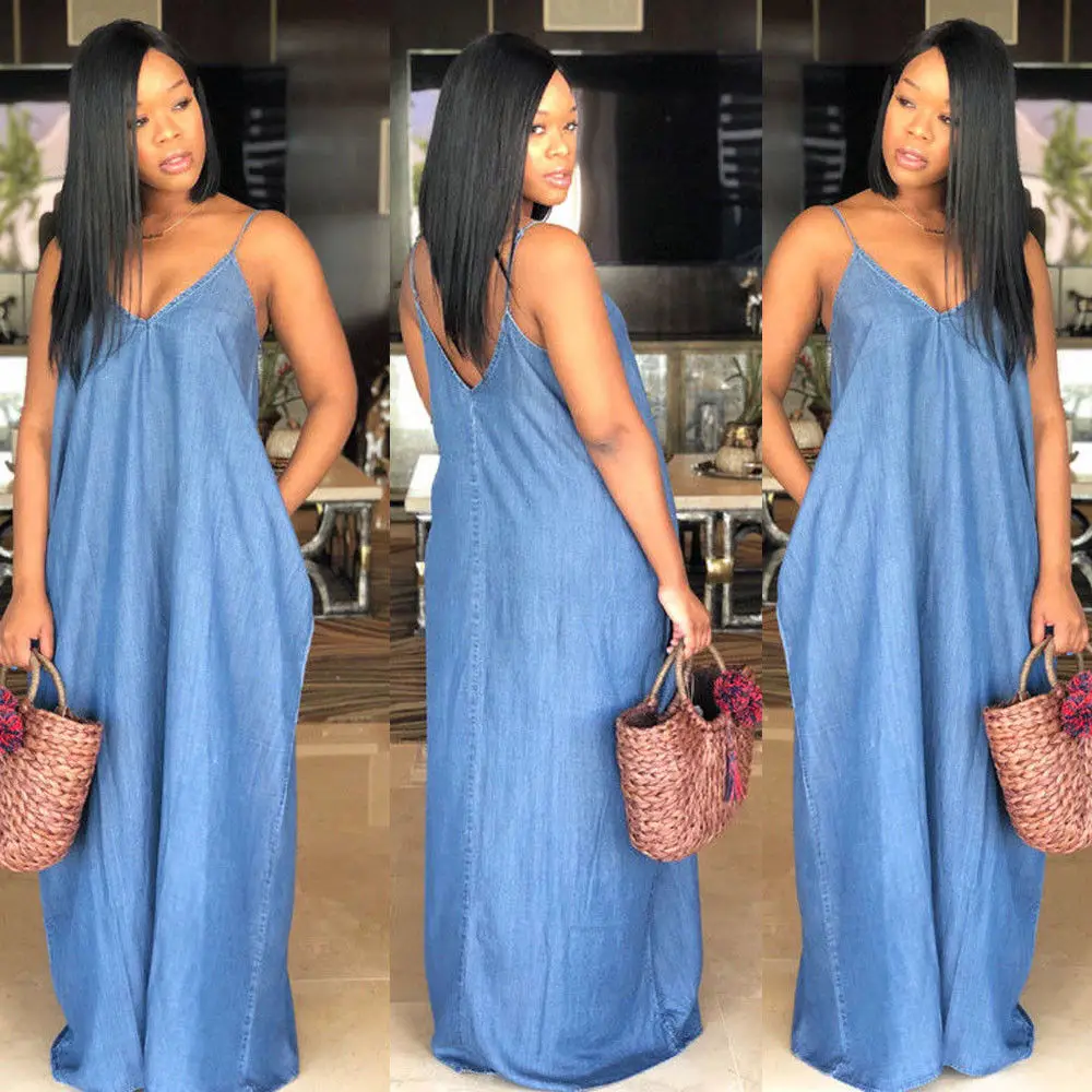 Women Long Dress Sling Solid Color Ankle Length Deep V-Neck Dress Loose Casual Denim Summer Dress
Women Long Dress Sling Solid Color Ankle Length Deep V-Neck Dress Loose Casual Denim Summer Dress