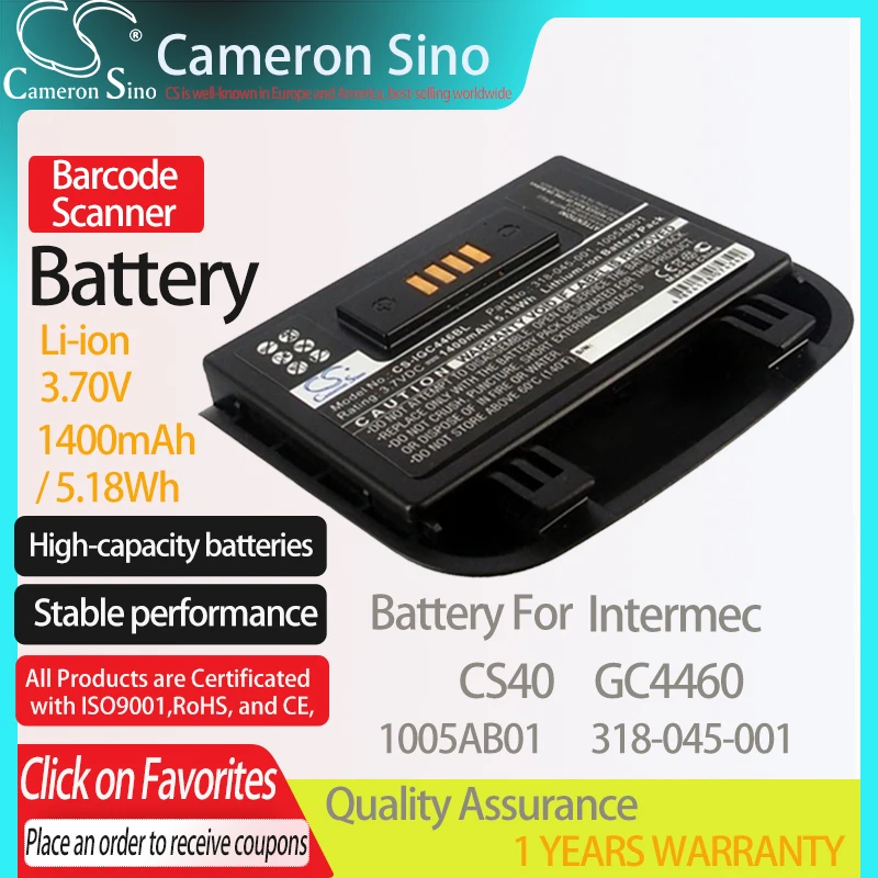 CameronSino Battery for Intermec GC4460 CS40 fits Intermec 1005AB01 318-045-001 Barcode Scanner battery 1400mAh/5.18Wh 3.70V
CameronSino Battery for Intermec GC4460 CS40 fits Intermec 1005AB01 318-045-001 Barcode Scanner battery 1400mAh/5.18Wh 3.70V