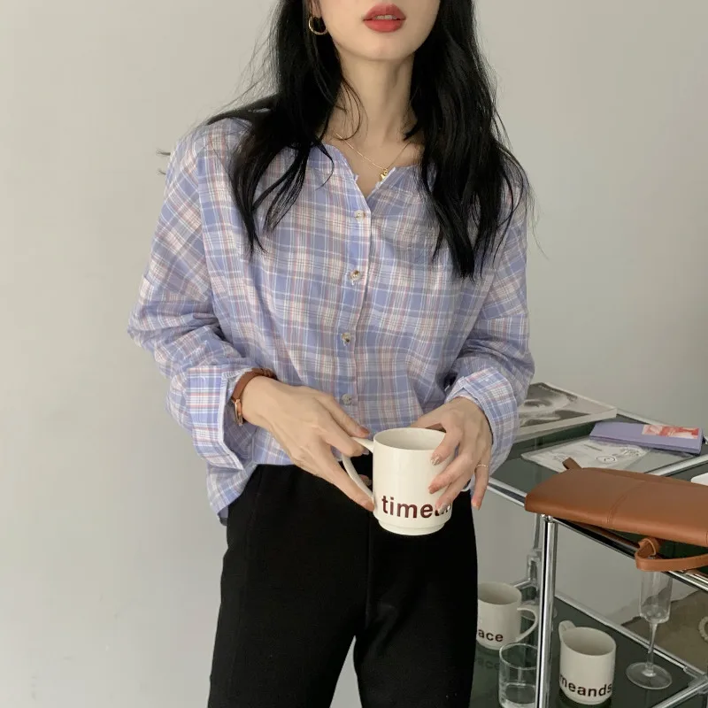 COIGARSAM Full Sleeve Shirt Womens tops Spring Plaid Loose Thin V-Neck Women shirts Blue Color Card 9656
COIGARSAM Full Sleeve Shirt Womens tops Spring Plaid Loose Thin V-Neck Women shirts Blue Color Card 9656