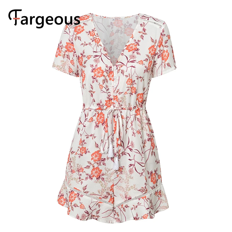 Fargeous summer femme sexy playsuits floral hollow button ruffles beach women romper plus size ladies short jumpsuit rompers | Женская