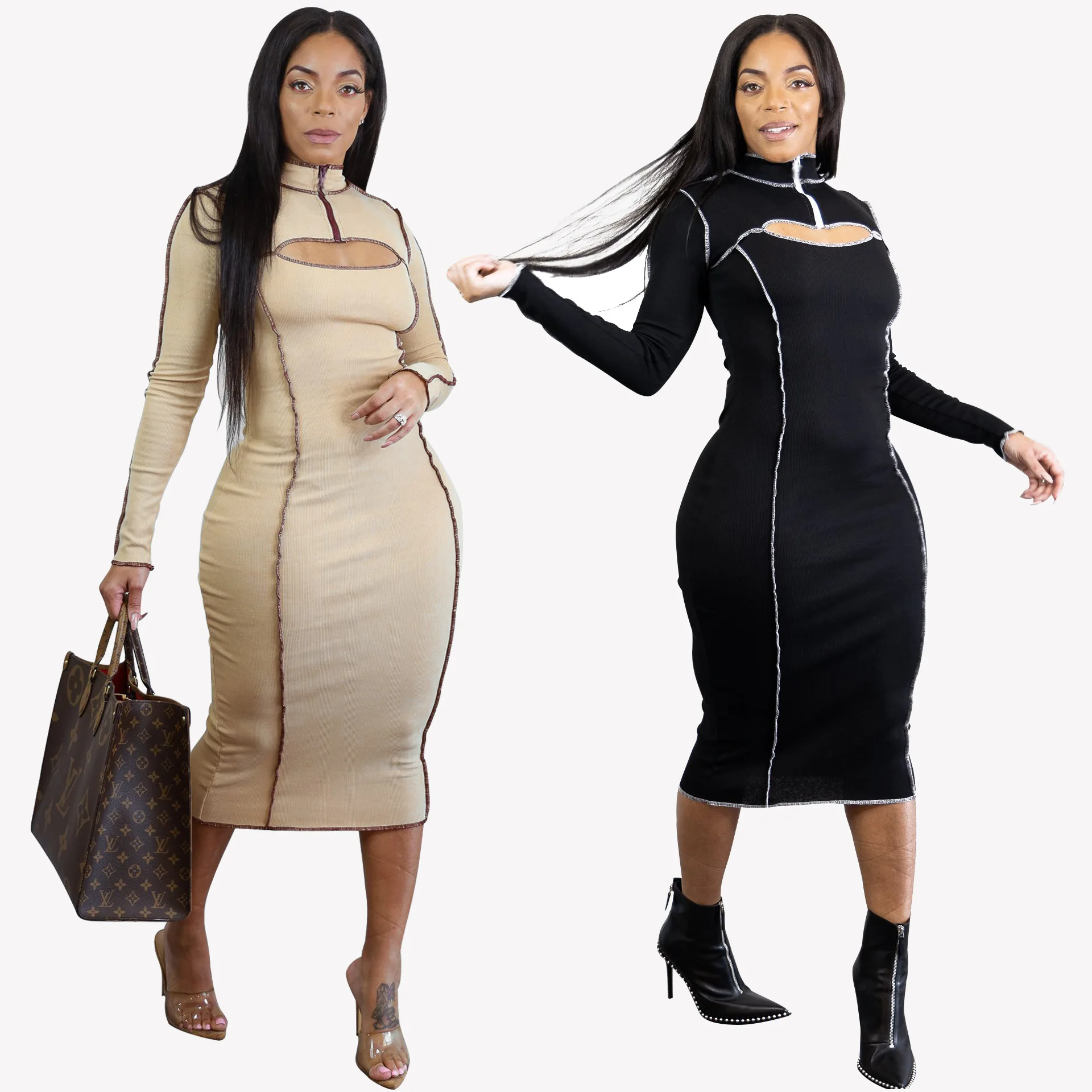Striped Patchwork Knitted Rib Long Dress Woman Sexy Zipper O Neck Cut Out Long Sleeve Bodycon Midi-Calf Dresses Office Lady Wear
Striped Patchwork Knitted Rib Long Dress Woman Sexy Zipper O Neck Cut Out Long Sleeve Bodycon Midi-Calf Dresses Office Lady Wear