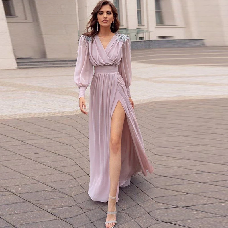 Lavender A-Line Chiffon Long Sleeve Prom Dresses Beaded Split Floor Length Evening Gowns V-Neck Vestido De Festa High Quality
Lavender A-Line Chiffon Long Sleeve Prom Dresses Beaded Split Floor Length Evening Gowns V-Neck Vestido De Festa High Quality