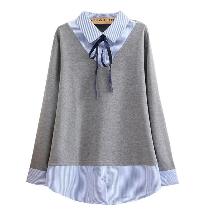 Spring Autumn Women's Shirt New Extra Large Size Long-sleeved Pullover Splice Fake Two-piece Shirt Female Tops 4XL Clothes J212 
Spring Autumn Women's Shirt New Extra Large Size Long-sleeved Pullover Splice Fake Two-piece Shirt Female Tops 4XL Clothes J212