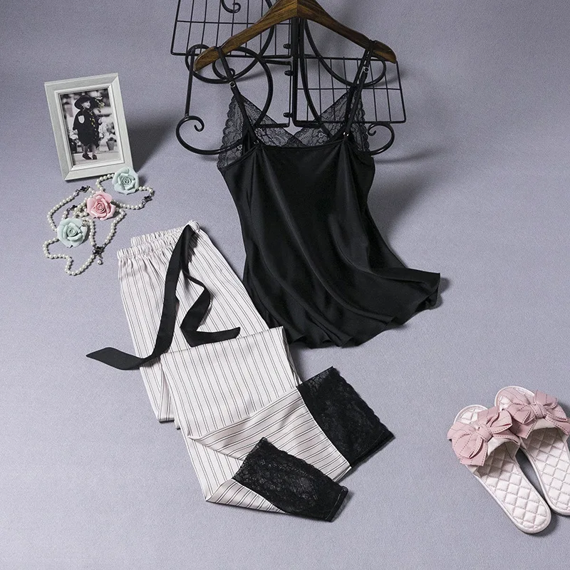 Faux Silk Women Pajamas Set Sexy Strap Top&Pants Lace V-Neck Sleepwear Nightwear Loose Casual 2PCS Nightwear Sleeveless Homewear
Faux Silk Women Pajamas Set Sexy Strap Top&Pants Lace V-Neck Sleepwear Nightwear Loose Casual 2PCS Nightwear Sleeveless Homewear