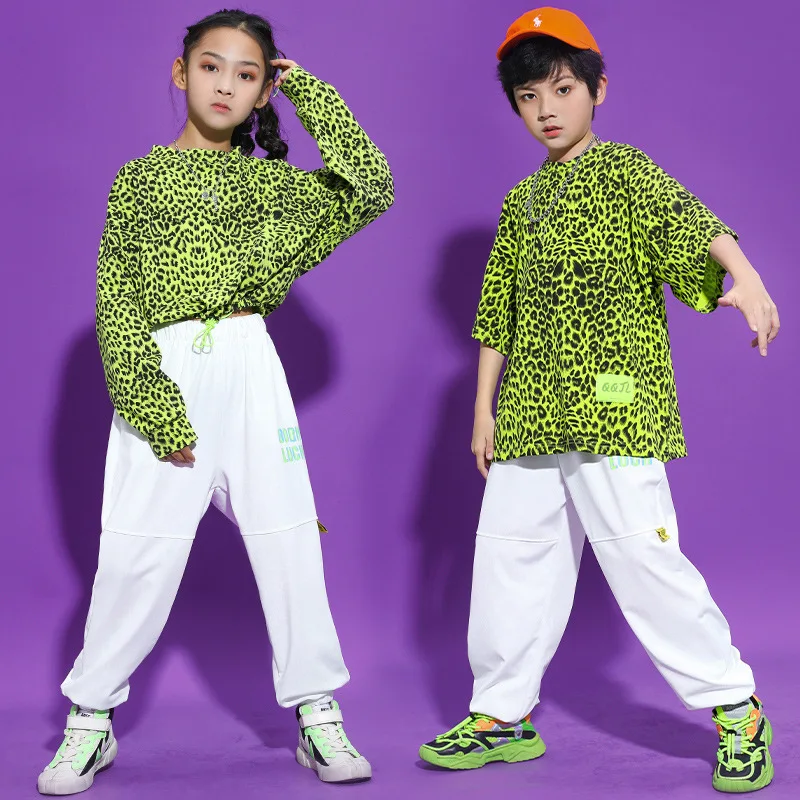 

Детская одежда в стиле хип-хоп, короткий топ с леопардовым принтом, брюки-карго для девочек и мальчиков, костюм для джазовых танцев, одежда, о...