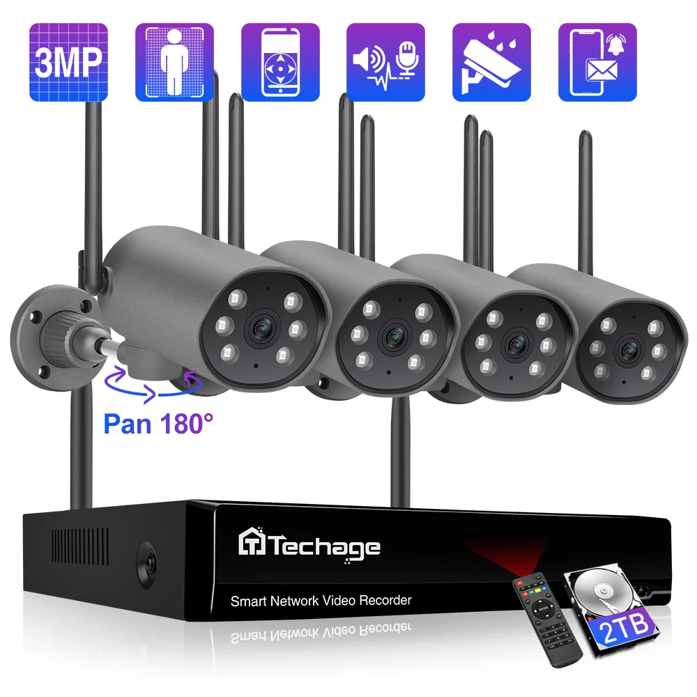 Беспроводная система видеонаблюдения Techage 8 каналов HD 3 Мп наружная Wi-Fi камера с