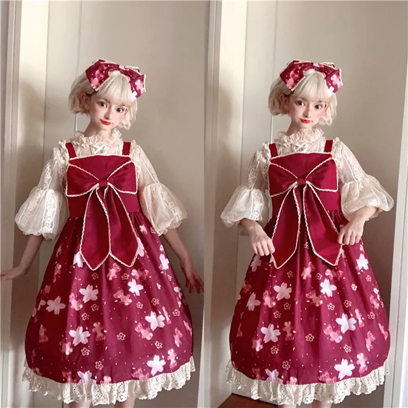

Sweet princess lolita dress vintage lace bowknot cute printing high waist victorian dress kawaii girl gothic lolita jsk loli cos