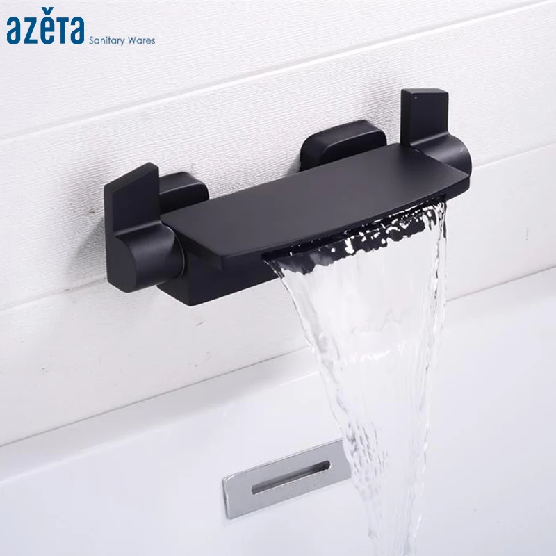 Черный смеситель для ванны Azeta настенный латунный с двойной ручкой душа Водопад