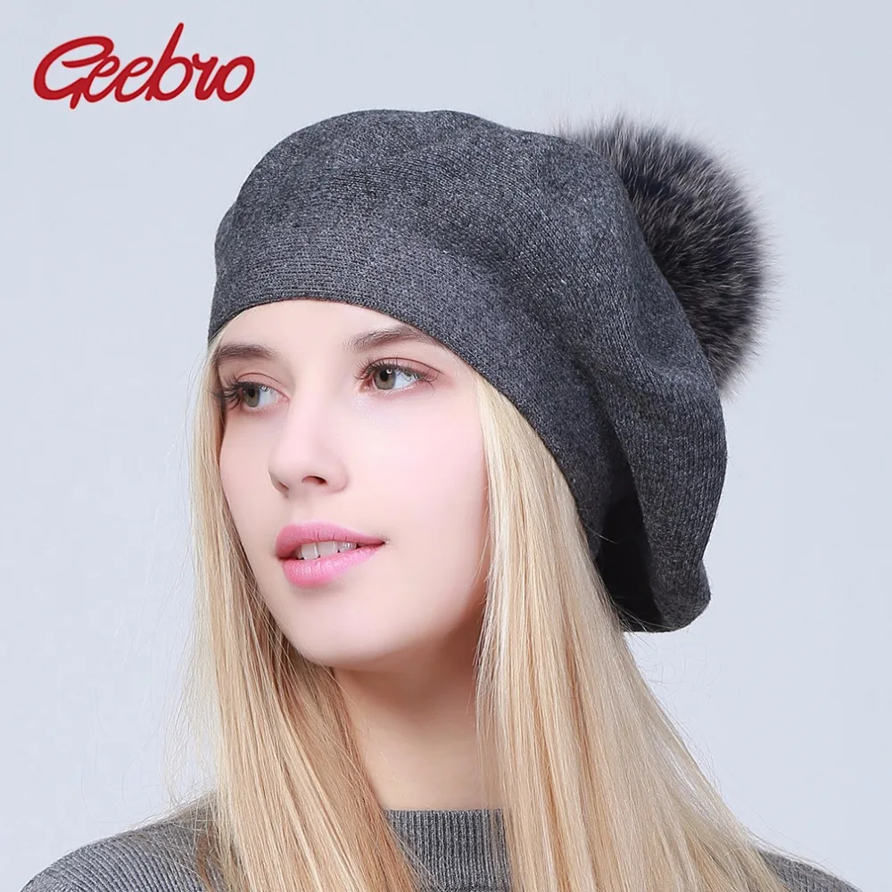 

Geebro Female Winter Warmer Casual Knitted Berets With Natural Raccoon Fur Pompon Hats Girls Solid Color Soft Beanies Caps