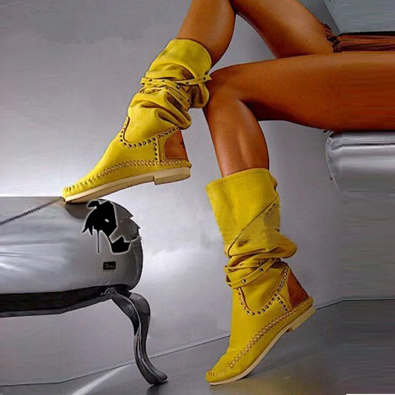 

Женские замшевые ботинки с заклепками, желтые повседневные ботинки до середины икры, с круглым носком, на Плоском Каблуке, ручная работа, модель 35-44, 2022