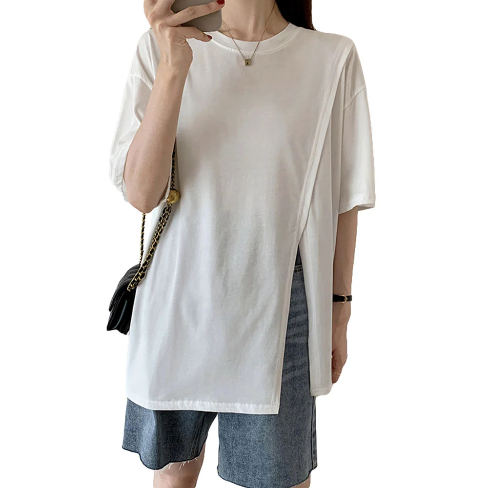 Korean Fashion Women's Split 2021 Summer New T-Shirt Solid Color Round Neck Summer Loose All-match Casual 
Korean Fashion Women's Split 2021 Summer New T-Shirt Solid Color Round Neck Summer Loose All-match Casual