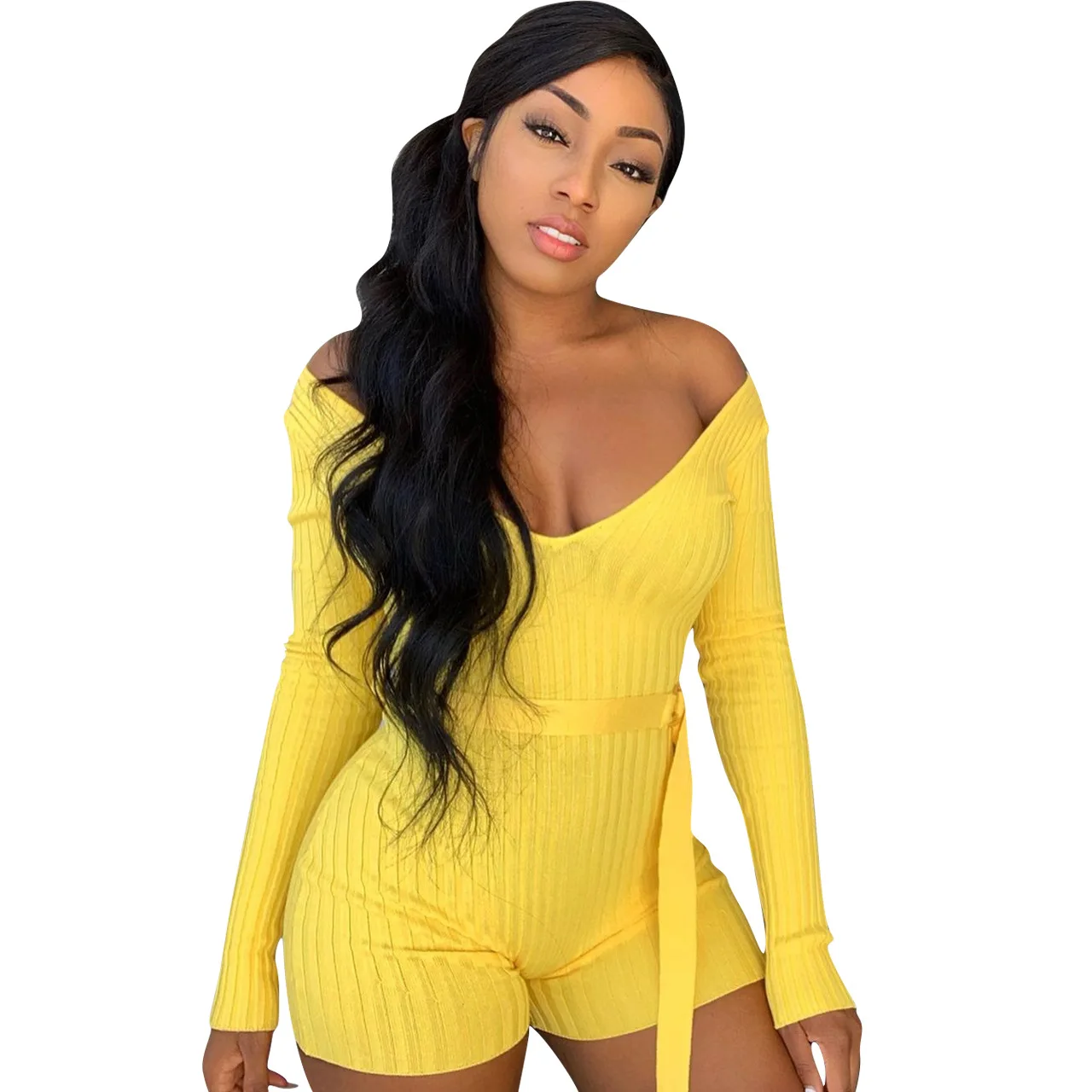 

2021 Spring Women Jumpsuit Knit Ribbed Bandage Full Sleeve Short Rompers Womens Jumpsuit Outfit Soild Color
