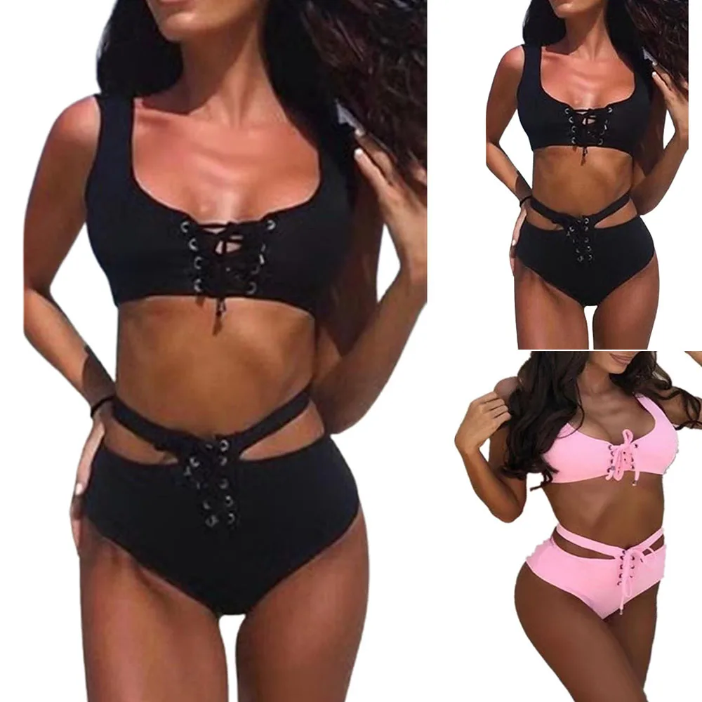 2021 New Bikini High Waisted Lace Up Swimwear Women Solid Color Unpadded Bathing Suits Pink Black Swimsiut Beachwear
2021 New Bikini High Waisted Lace Up Swimwear Women Solid Color Unpadded Bathing Suits Pink Black Swimsiut Beachwear