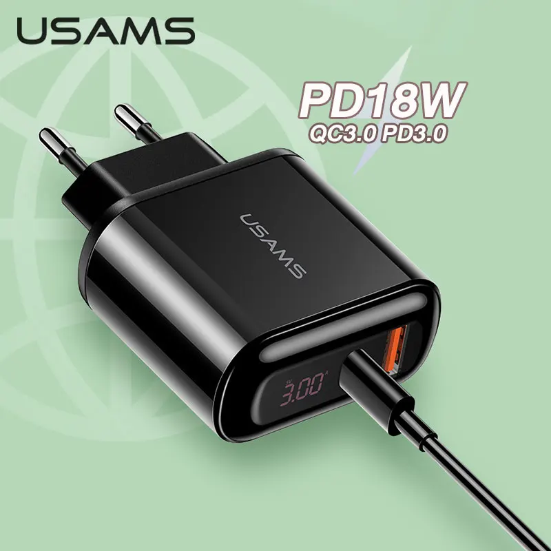Быстрое зарядное устройство USAMS Quick charge QC3.0 PD3.0 PD 18 Вт USB Type C для iPhone 11 8 7 6 Plus Xiaomi Samsung