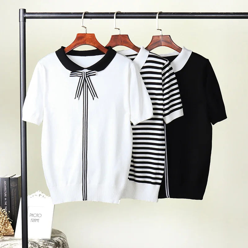 Women Summer T-shirt Doll Collar T-shirt Women Black White Striped knitted shirt t-shirt top women
Women Summer T-shirt Doll Collar T-shirt Women Black White Striped knitted shirt t-shirt top women