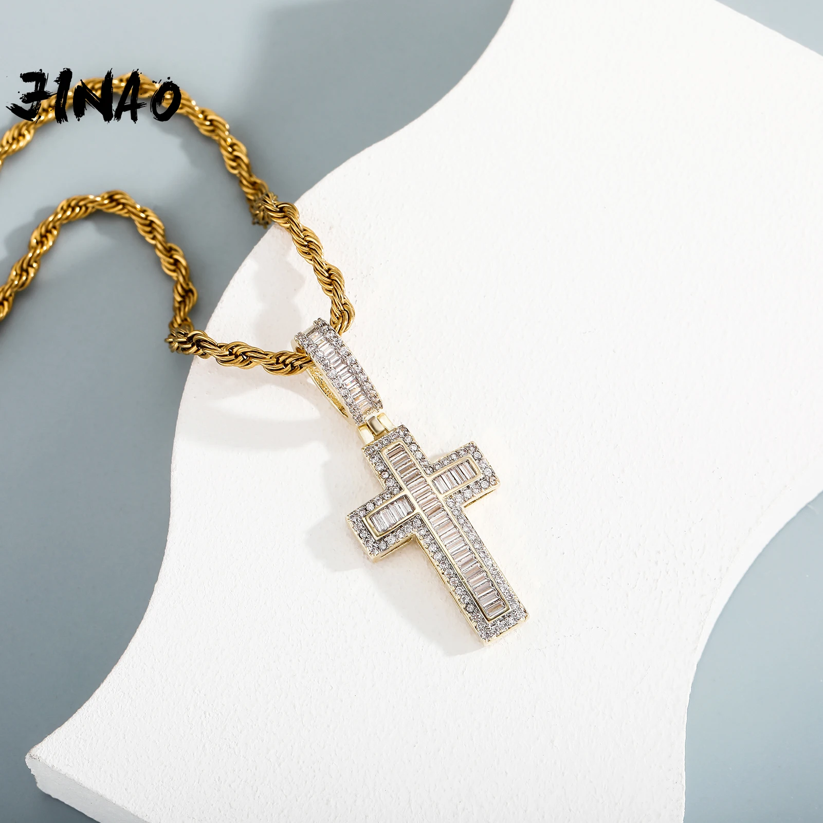 

JINAO 2021 Новый ледяной шейный платок AAA + кубический циркон подарок христианский крест кулон и ожерелье с 4 мм цепь для тенниса ювелирные издели...