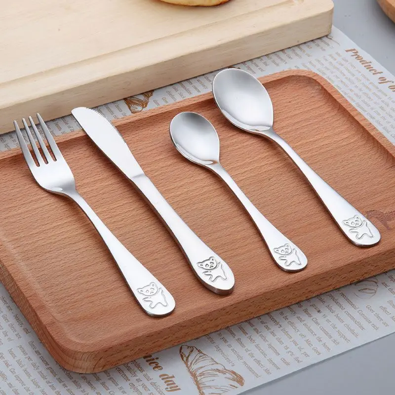 

4pcs / set Utensils Set Fork Knife Teaspoon Spoon Food Baby Feeding Children Learning Food Habit Kids Stainless Steel Cutlery