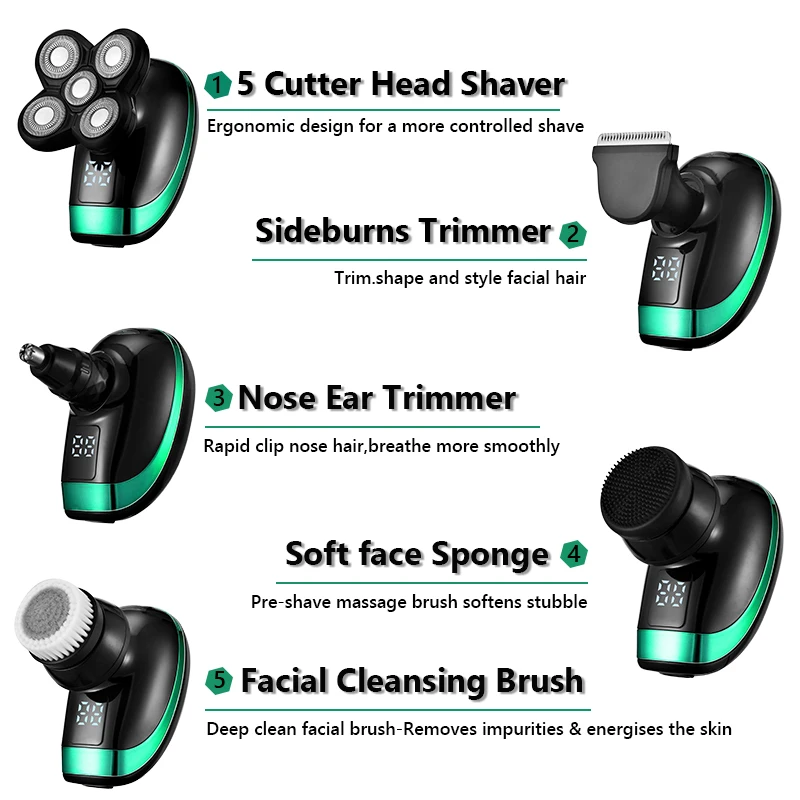 5 in 1 Rechargeable Electric Shaver Five Floating Heads Razors Hair Clipper Nose Ear Hair Trimmer Men Facial Cleaning Brush Box
5 in 1 Rechargeable Electric Shaver Five Floating Heads Razors Hair Clipper Nose Ear Hair Trimmer Men Facial Cleaning Brush Box