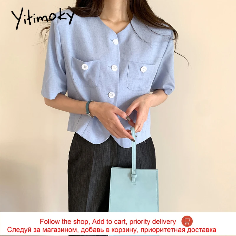 Yitimoky Simple Short Women Shirts V-Neck Pockets 2021 Summer Korean Fashion New Single Breasted Straight Office Lady Blouse
Yitimoky Simple Short Women Shirts V-Neck Pockets 2021 Summer Korean Fashion New Single Breasted Straight Office Lady Blouse
