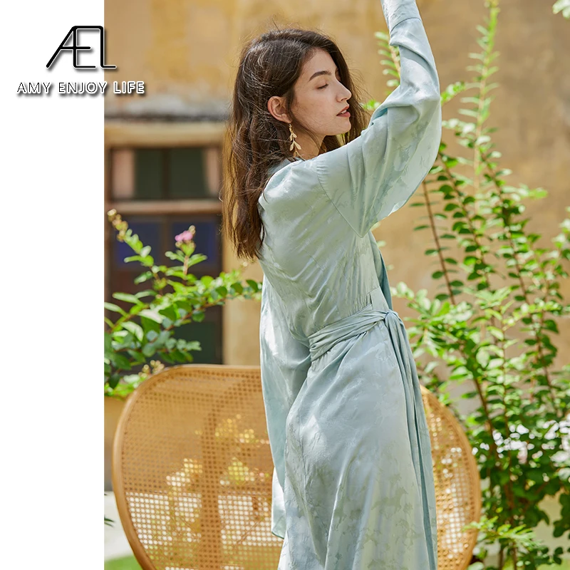 AEL satin dress long sleeve casual loose style summer drop shoulder lace up dress Dress Elegant Chinese style 
AEL satin dress long sleeve casual loose style summer drop shoulder lace up dress Dress Elegant Chinese style