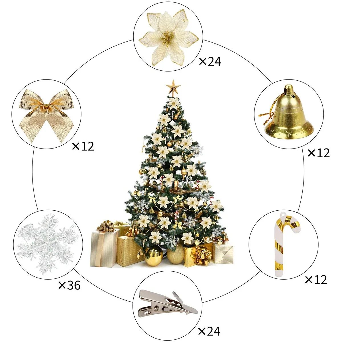 

120Pcs DIY Christmas Tree Ornaments Xmas Pendants Creative Simulation Flower Snowflake Bowknot bells Craft Party Decorations