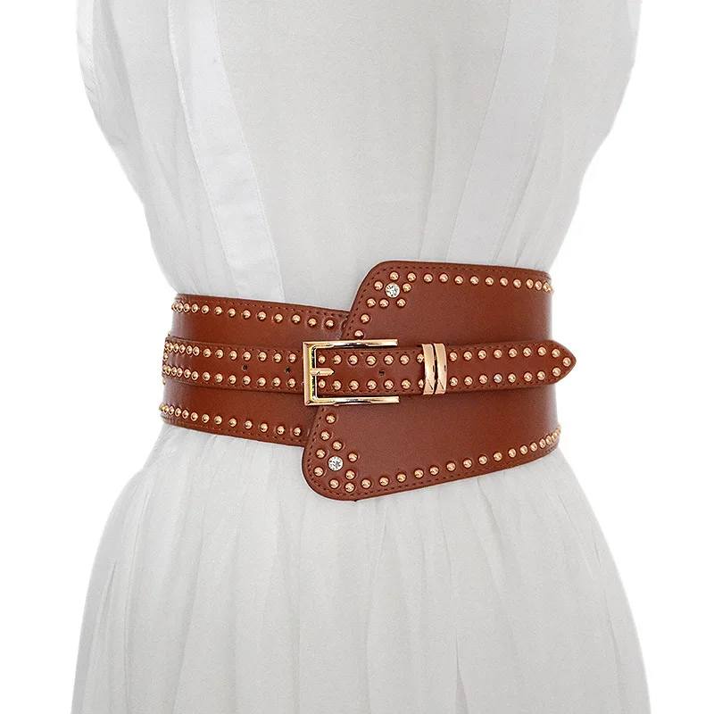 COLEMJE Women's runway fashion PU leather rivet elastic punk female Dress Corsets Waistband Belts decoration wide belt | Аксессуары