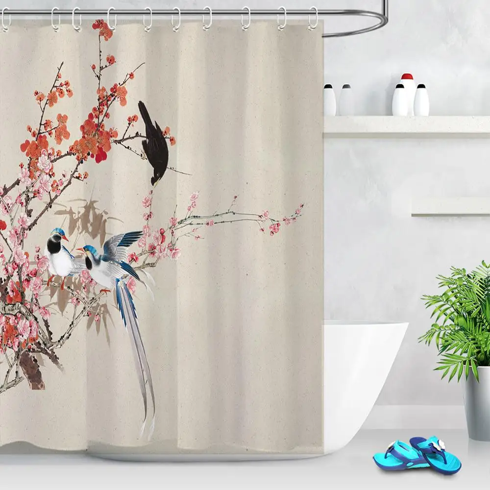 Chinese Landscape Painting Shower Curtains Fish Bird Plum Tree Branch Shower Curtain Polyester Cloth Fabric Bathroom Decoration 
Chinese Landscape Painting Shower Curtains Fish Bird Plum Tree Branch Shower Curtain Polyester Cloth Fabric Bathroom Decoration