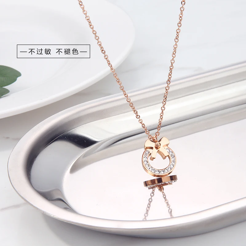 

YUN RUO Rose Gold Pave Zircon Bowknot Pendant Necklace 316L Titanium Steel Jewelry Woman Birthday Gift Never Fade Drop Shipping