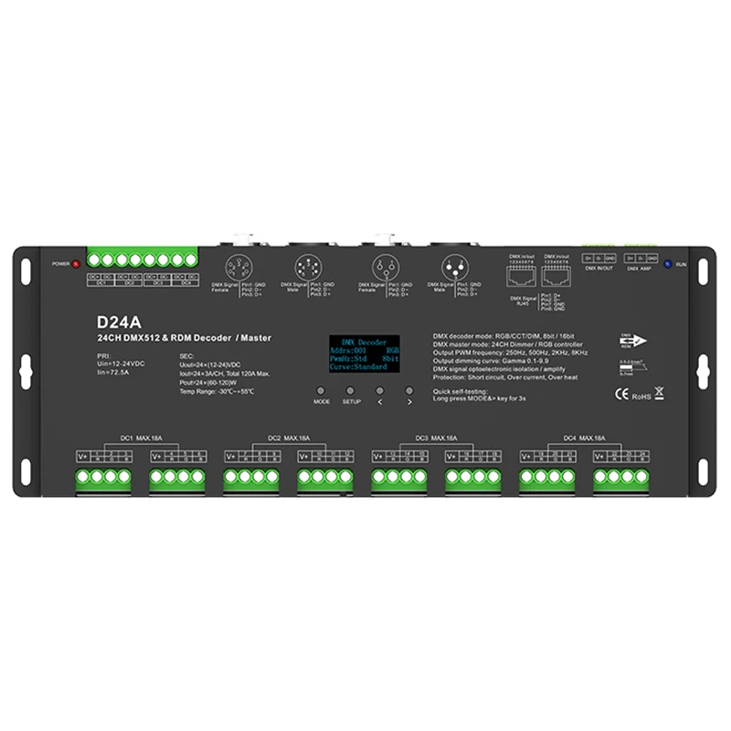 24 Channel DMX512 & RDM Decoder DC12V 24V 24CH*5A CV Master RDM controller D24A PWM frequency OLED display XLR3,RJ45 Out
24 Channel DMX512 & RDM Decoder DC12V 24V 24CH*5A CV Master RDM controller D24A PWM frequency OLED display XLR3,RJ45 Out
