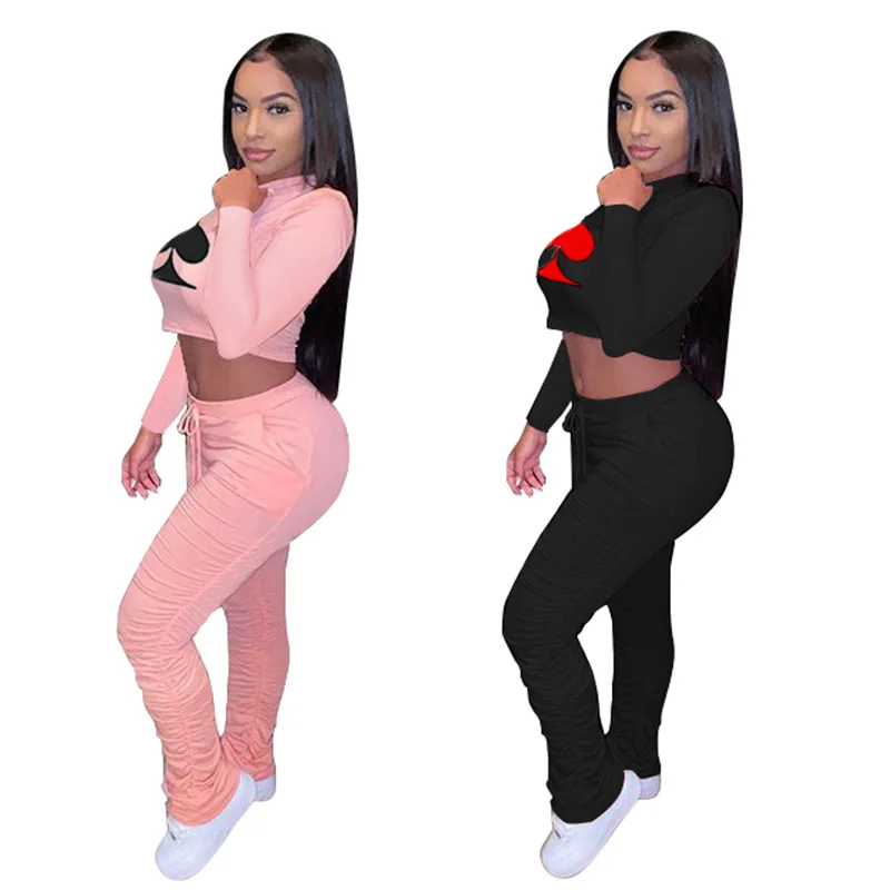 2020 Summer Women's Suit Sexy Style Solid-color Poker Spades Q Print Long Sleeves Crop Tops & Stacked Leggings Two Piece Set
2020 Summer Women's Suit Sexy Style Solid-color Poker Spades Q Print Long Sleeves Crop Tops & Stacked Leggings Two Piece Set