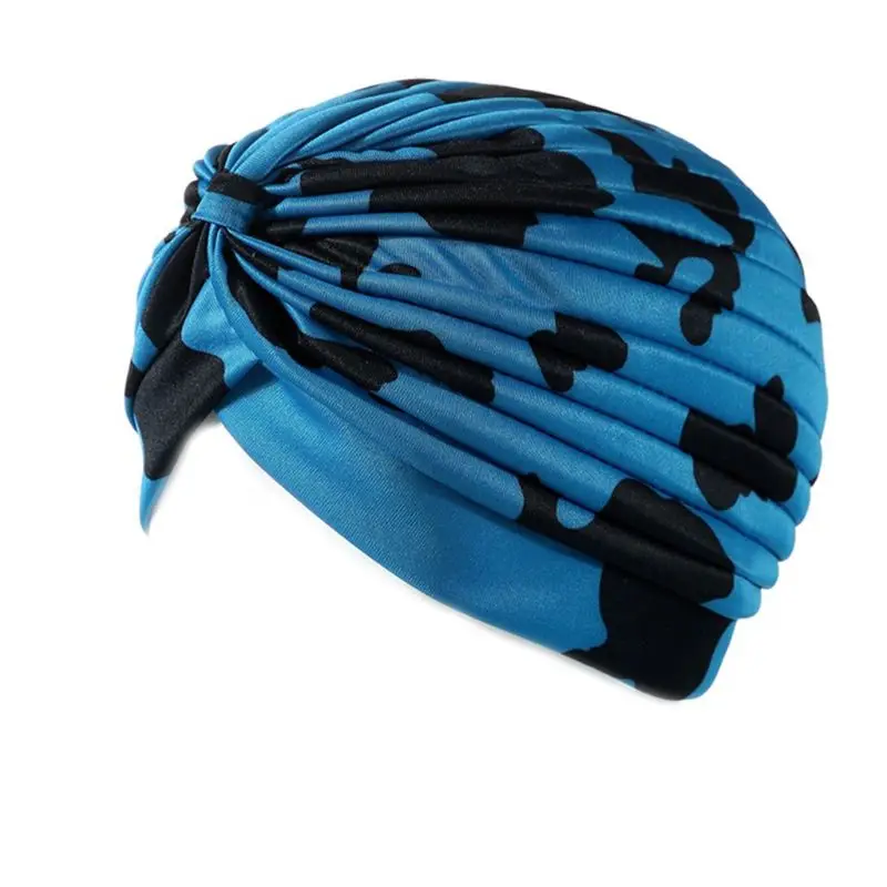 

Womens Colored Camouflage Dotted Print Turban Hat Twist Knotted Front India Chemo Cap Pleated Wrinkle Stretchy Beanie Head Wrap