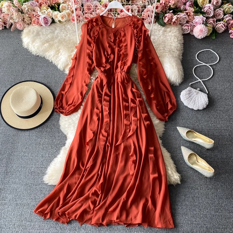 Autumn Winter Solid Green/Red/Pink Chiffon Long Dress Women Elegant Round Neck Long Sleeve Loose Vestidos Female Fashion Robe
Autumn Winter Solid Green/Red/Pink Chiffon Long Dress Women Elegant Round Neck Long Sleeve Loose Vestidos Female Fashion Robe