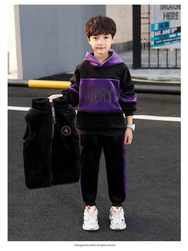 Children's Wear Boys' Suit 2021 New Spring Autumn Clothes Plus Velvet Padded Three-piece Set Vest+Hoodies+Pants 4-14Y | Детская