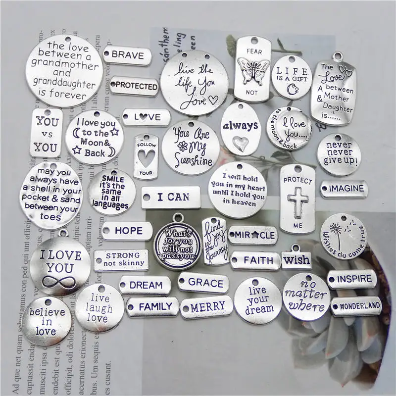 Julie Wang 20PCS Inspirational Words Charms Random Mixed Alloy Letter Tag Pendants Antique Silver Color Jewelry Making Accessory
Julie Wang 20PCS Inspirational Words Charms Random Mixed Alloy Letter Tag Pendants Antique Silver Color Jewelry Making Accessory