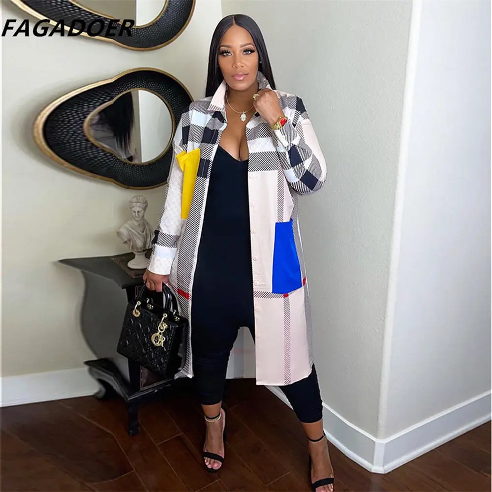 FAGADOER Fashion Plaid Patchwork Long Coats Women Single Breasted Turn Down Collar Windbreaker Elegant Office Lady Clothes 2021
FAGADOER Fashion Plaid Patchwork Long Coats Women Single Breasted Turn Down Collar Windbreaker Elegant Office Lady Clothes 2021